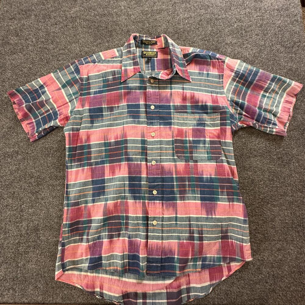 OshKosh Bgosh Mens Vintage Madras Plaid‎ Shirt Pink Blue Cotton Medium SS Q-39